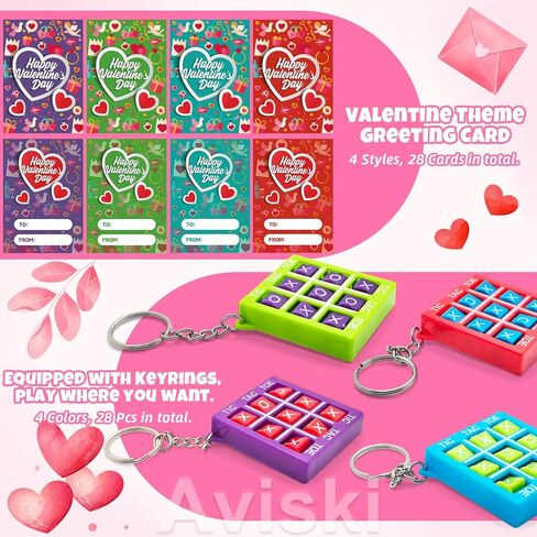 28PACK Valentine's Day Greeting Cards With Tic Tac Toe Game Keychains, Kids Valentine Exchange Cards for Girls Boys School Class Exchange Gifts, Classroom Prizes, Valentine Party Favors in Saudi Arabia