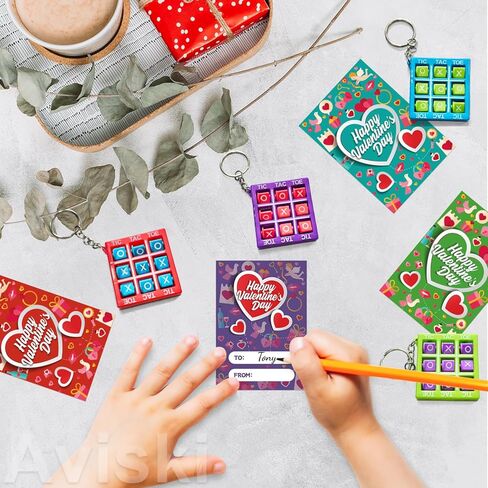 28PACK Valentine's Day Greeting Cards With Tic Tac Toe Game Keychains, Kids Valentine Exchange Cards for Girls Boys School Class Exchange Gifts, Classroom Prizes, Valentine Party Favors in Saudi Arabia