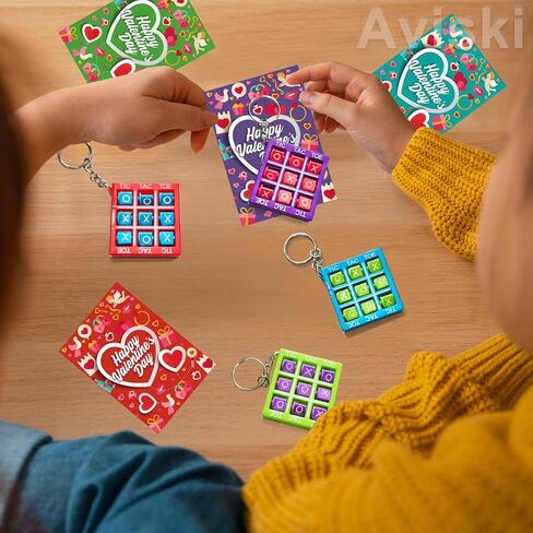 28PACK Valentine's Day Greeting Cards With Tic Tac Toe Game Keychains, Kids Valentine Exchange Cards for Girls Boys School Class Exchange Gifts, Classroom Prizes, Valentine Party Favors in Saudi Arabia