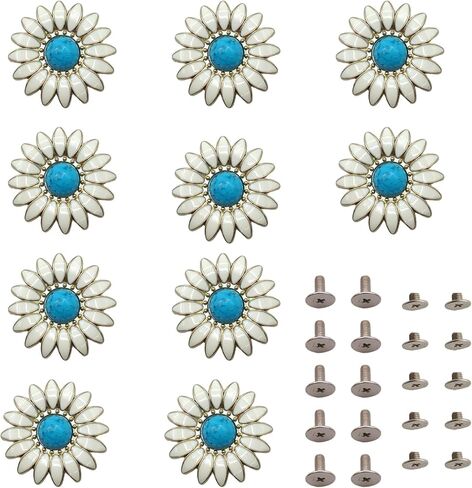 Mingchen 10 Pcs White Chrysanthemum Inlay Turquoise Decorative Buckle Conchos, Metal Screw Back Buttons for DIY Leather Goods Accessories (Gold) in Saudi Arabia