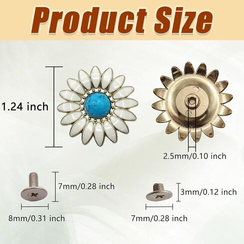 Mingchen 10 Pcs White Chrysanthemum Inlay Turquoise Decorative Buckle Conchos, Metal Screw Back Buttons for DIY Leather Goods Accessories (Gold) in Saudi Arabia