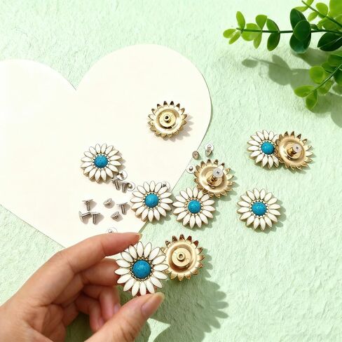 Mingchen 10 Pcs White Chrysanthemum Inlay Turquoise Decorative Buckle Conchos, Metal Screw Back Buttons for DIY Leather Goods Accessories (Gold) in Saudi Arabia