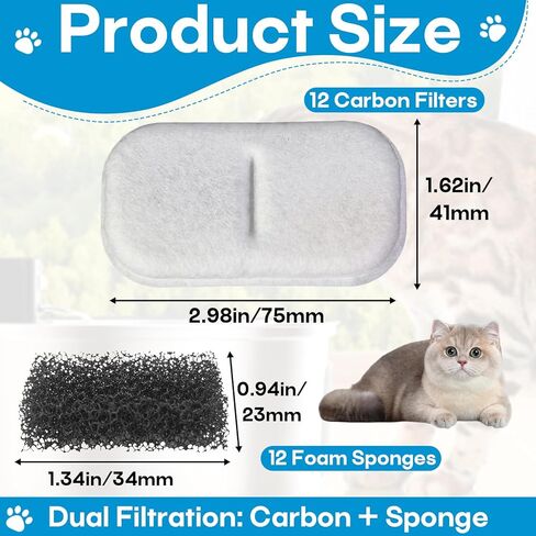 12 عبوة من فلاتر مياه القطط البديلة لموزع مياه الحيوانات الأليفة من الفولاذ المقاوم للصدأ 108 أونصة/3.2 لتر و67 أونصة/2 لتر، نافورة موزع مياه داخلية للقطط/الكلاب لمعظم نوافير مياه الحيوانات الأليفة 12 فلترًا و12 إسفنجة in Kuwait