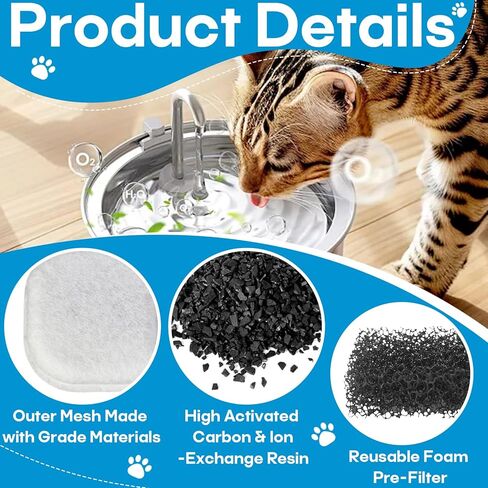 12 عبوة من فلاتر مياه القطط البديلة لموزع مياه الحيوانات الأليفة من الفولاذ المقاوم للصدأ 108 أونصة/3.2 لتر و67 أونصة/2 لتر، نافورة موزع مياه داخلية للقطط/الكلاب لمعظم نوافير مياه الحيوانات الأليفة 12 فلترًا و12 إسفنجة in Kuwait