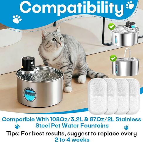 12 عبوة من فلاتر مياه القطط البديلة لموزع مياه الحيوانات الأليفة من الفولاذ المقاوم للصدأ 108 أونصة/3.2 لتر و67 أونصة/2 لتر، نافورة موزع مياه داخلية للقطط/الكلاب لمعظم نوافير مياه الحيوانات الأليفة 12 فلترًا و12 إسفنجة in Kuwait