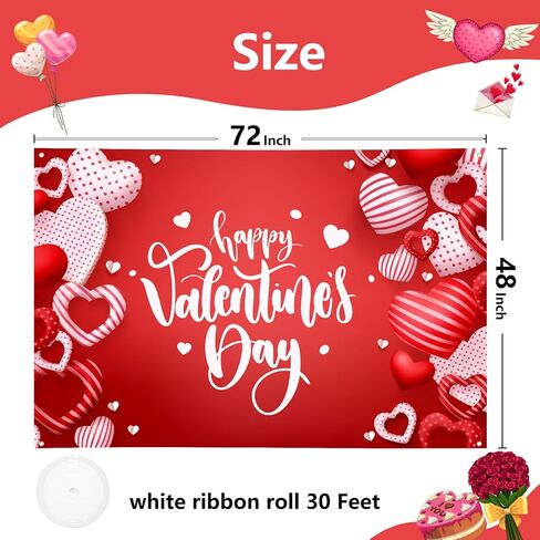 Large Valentines Day Banner 72" x 48" Decorations Happy Valentine's Day Banner Romantic Hearts Love Party Supplies Photography Background for Indoor Outdoor Garden,Yard,Party Home Decor in Saudi Arabia
