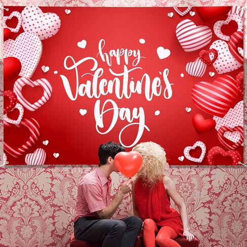 Large Valentines Day Banner 72" x 48" Decorations Happy Valentine's Day Banner Romantic Hearts Love Party Supplies Photography Background for Indoor Outdoor Garden,Yard,Party Home Decor in Saudi Arabia