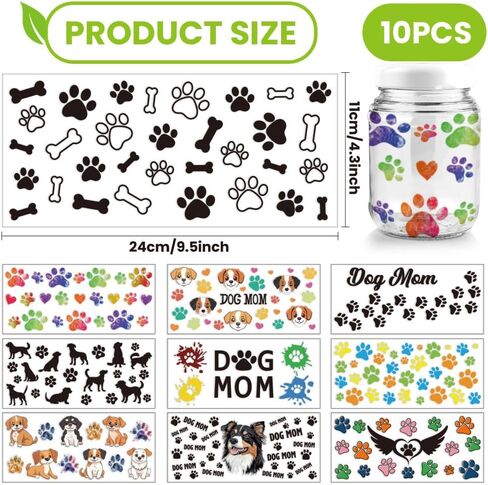 arricraft 10 Pcs Animals UV DTF Cup Wrap Transfer Sticker, 10 Styles Dog Mama Words Transfer Paper Paw Prints Rub on Stickers PVC Cup Wrap Waterproof Rub Decals for Glass 24x11cm/9.4x4.3inch in Saudi Arabia