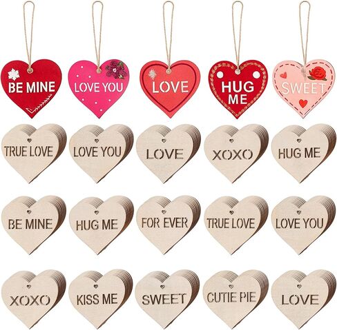 Blulu 100 Pcs Valentine Heart Unfinished Wooden Ornaments Hanging Cutouts Heart Blank Wood Slices with Cord Craft Embellishments for Valentine's Day Decorations (Natural, 2 in) in Saudi Arabia