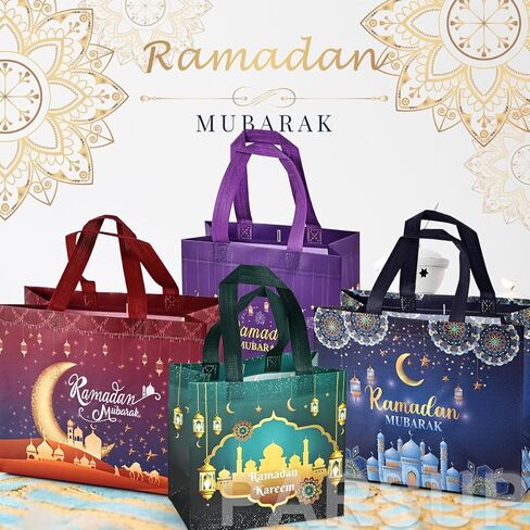 16PCS Ramdan Mubarak Reusable Gift Bags, Assorted Size Treat Bags with Handles, Ramadan Mubarak Party Bags, Multifunctional Non-Woven Ramadan Bags for Gifts Wrapping, Ramadan Kareem Party Supplies in Saudi Arabia