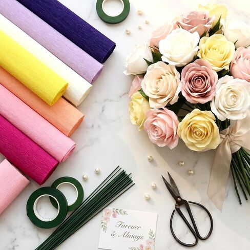 36 Rolls of 36 Color Crepe Paper for Flowers Making 295 ft Bulk Crepe Paper Sheets with 100 Flower Rods and 6 Rolls Tape for Bouquet Wrapping Paper, DIY Carfts, Wedding, Party (10 Inch x 8.2 FT/Roll) in Saudi Arabia