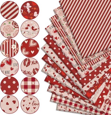12Pcs Valentine's Day Cotton Fabric Bundles Fat Quarters Vintage Pink Red Love Heart Rose Quilting Patchwork for DIY Craft Supplies, 18 x 22 Inch in Saudi Arabia