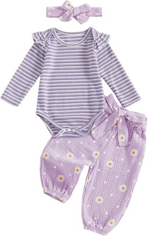 Kaipiclos Newborn Infant Girl Clothes Rib Knit Romper Daisy Print Pants Headband Baby Clothes for Girls 0 3 6 12 18 24 Months in Kuwait