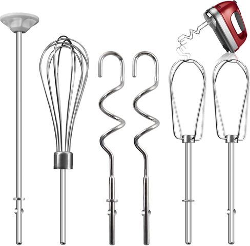 Hand Mixer Beater Attachments for Kitchenaid, Whisk, Dough Hooks, and Liquid Blending Rod, Stainless Steel Accessories fits Hand Mixers KHM3/5/7/9, KHM926/512, Set of 6 in Saudi Arabia