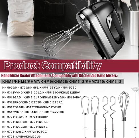 Hand Mixer Beater Attachments for Kitchenaid, Whisk, Dough Hooks, and Liquid Blending Rod, Stainless Steel Accessories fits Hand Mixers KHM3/5/7/9, KHM926/512, Set of 6 in Saudi Arabia