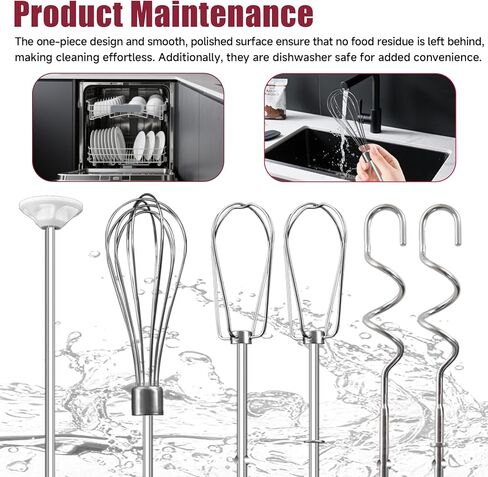 Hand Mixer Beater Attachments for Kitchenaid, Whisk, Dough Hooks, and Liquid Blending Rod, Stainless Steel Accessories fits Hand Mixers KHM3/5/7/9, KHM926/512, Set of 6 in Saudi Arabia