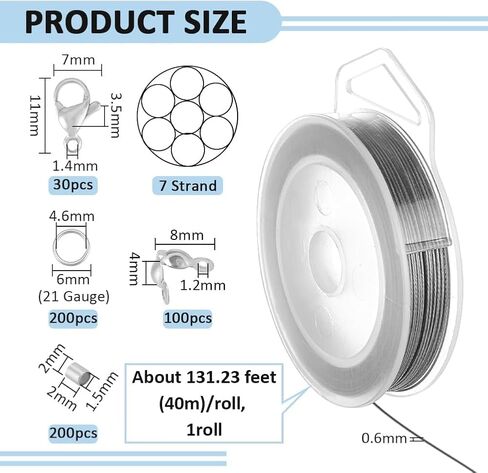 130 Feet 7 Strand Stainless Steel Beading Wire 0.6mm, with 200pcs Jump Rings, 200pcs Crimp Beads, 100pcs Bead Tips and 30pcs Lobster Claw Clasps for Jewelry Making in Saudi Arabia