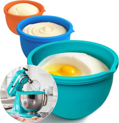 Upgraded 4.5-5QT Silicone Bowl Liners for KitchenAid Mixer, Thick Design with Pour Spout, Measurement Marks & Hanging Holes for Easy Storage, 3-Pack with Lids, No-Spill & Space-Saving in Saudi Arabia