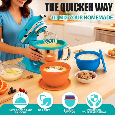 Upgraded 4.5-5QT Silicone Bowl Liners for KitchenAid Mixer, Thick Design with Pour Spout, Measurement Marks & Hanging Holes for Easy Storage, 3-Pack with Lids, No-Spill & Space-Saving in Saudi Arabia