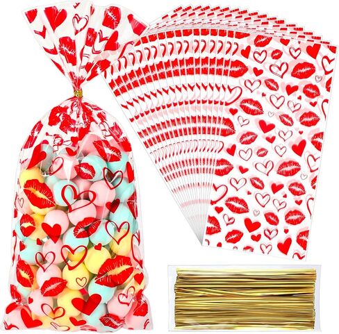 Tinlade 100 Pcs Heart Treat Bags, Clear Cellophane Bags with Twist Ties, Red Heart & Lips Plastic Gift Packaging for Candy, Cookies, Snacks, Party Supplies, 10.8'' x 5'' in Saudi Arabia