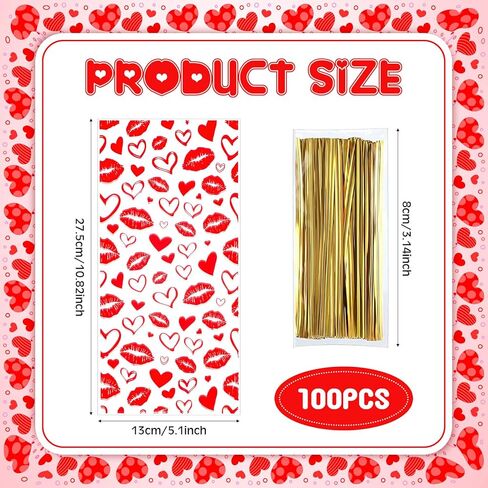 Tinlade 100 Pcs Heart Treat Bags, Clear Cellophane Bags with Twist Ties, Red Heart & Lips Plastic Gift Packaging for Candy, Cookies, Snacks, Party Supplies, 10.8'' x 5'' in Saudi Arabia