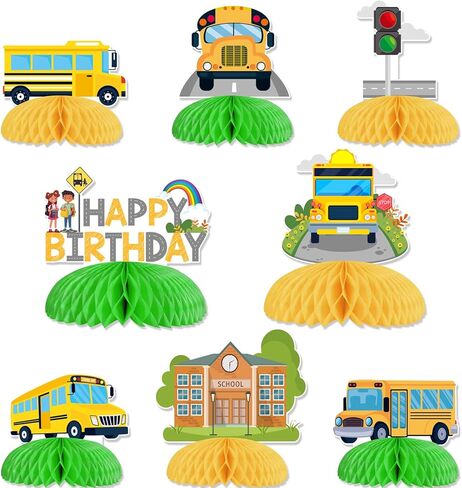 Kreatwow School Bus Birthday Party Decorations 8Pcs Yellow Bus Birthday Honeycomb Centerpiece Table Decoration Wheels On The Buses Decoration Welcome Back To School Supply for School Classroom Party in Saudi Arabia