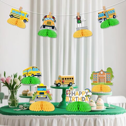 Kreatwow School Bus Birthday Party Decorations 8Pcs Yellow Bus Birthday Honeycomb Centerpiece Table Decoration Wheels On The Buses Decoration Welcome Back To School Supply for School Classroom Party in Saudi Arabia