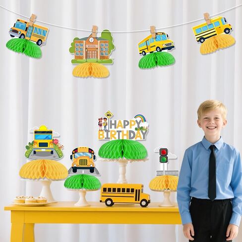 Kreatwow School Bus Birthday Party Decorations 8Pcs Yellow Bus Birthday Honeycomb Centerpiece Table Decoration Wheels On The Buses Decoration Welcome Back To School Supply for School Classroom Party in Saudi Arabia