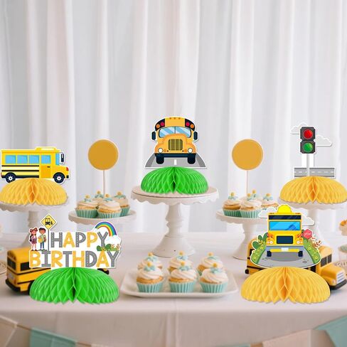 Kreatwow School Bus Birthday Party Decorations 8Pcs Yellow Bus Birthday Honeycomb Centerpiece Table Decoration Wheels On The Buses Decoration Welcome Back To School Supply for School Classroom Party in Saudi Arabia