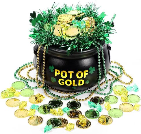 Sratte 308 Pcs St Patrick's Day Candy Cauldron Kettle with Handle Set, Pot of Gold Shamrock Coin Gem Leprechaun Clover Necklace Lucky Jewelry Treasure for Table Decor Centerpiece (Retro,Black) in Saudi Arabia