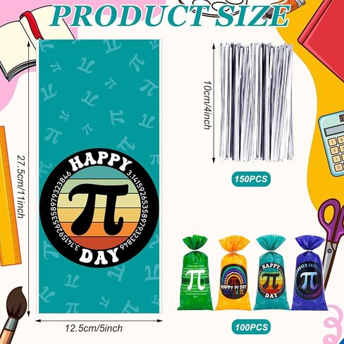 100 قطعة من حقائب هدايا Pi Day مع ربطات عنق من Glenmal، أكياس سيلوفان لحفلات Pi Day Math Favors، أكياس حلوى الرياضيات مقاس 10.8 × 5 بوصة لمناسبات الفصل الدراسي والمدرسة في 14 مارس in Kuwait