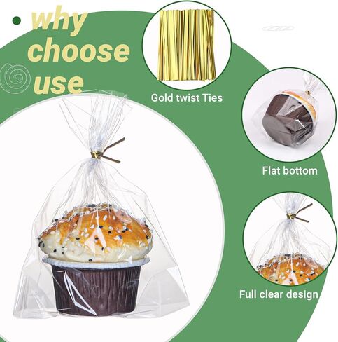 200 Pack 6"x7"x2.4" Cellophane Muffin Bags with Gold Twist Ties Pro Grade Flat Bottom Design for Macarons Cupcakes Chocolate Treats Cookies Strawberries Reusable Resealable Bakery Packaging in Saudi Arabia