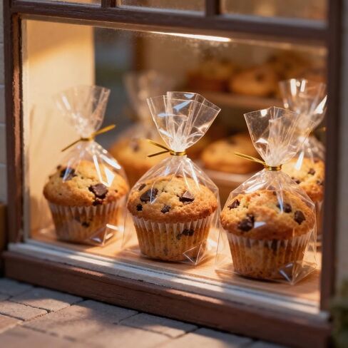 200 Pack 6"x7"x2.4" Cellophane Muffin Bags with Gold Twist Ties Pro Grade Flat Bottom Design for Macarons Cupcakes Chocolate Treats Cookies Strawberries Reusable Resealable Bakery Packaging in Saudi Arabia