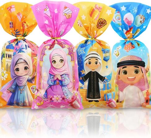 Eid Mubarak Cellophane Treat, Lovely Muslim Ramadan Decorations Cartoon Print Goodie Bags Candy Cellophane Goody Favor Gift Bags for Kids Boys Girls, Muslim Islamic Eid Iftar Diwali Party Supplies in Saudi Arabia