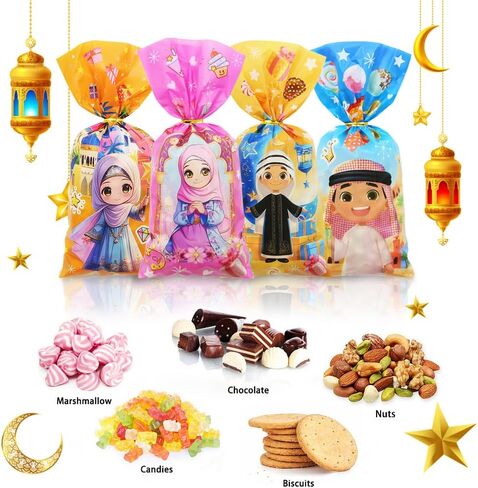 Eid Mubarak Cellophane Treat, Lovely Muslim Ramadan Decorations Cartoon Print Goodie Bags Candy Cellophane Goody Favor Gift Bags for Kids Boys Girls, Muslim Islamic Eid Iftar Diwali Party Supplies in Saudi Arabia