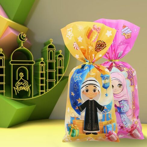 Eid Mubarak Cellophane Treat, Lovely Muslim Ramadan Decorations Cartoon Print Goodie Bags Candy Cellophane Goody Favor Gift Bags for Kids Boys Girls, Muslim Islamic Eid Iftar Diwali Party Supplies in Saudi Arabia