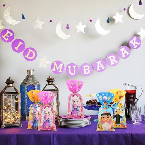 Eid Mubarak Cellophane Treat, Lovely Muslim Ramadan Decorations Cartoon Print Goodie Bags Candy Cellophane Goody Favor Gift Bags for Kids Boys Girls, Muslim Islamic Eid Iftar Diwali Party Supplies in Saudi Arabia