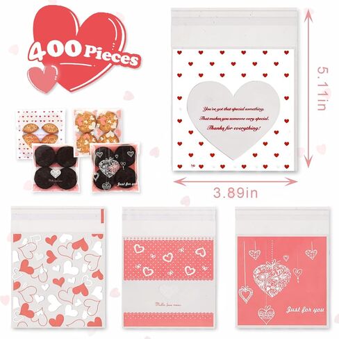 Valentine's Day Cookie Bags, Resealable Hearts Cellophane Plastic Cookie Bakery Candy Treat Gift Bags with Self Adhesive Seal, 400 PCS (4 x 4) Inches in Saudi Arabia