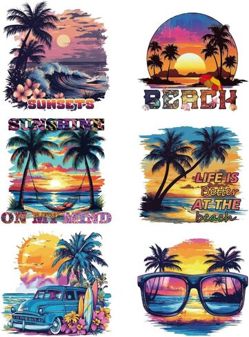 arricraft 6 Pcs Iron on Decals Patches, 6 Sizes Summer Beach Theme Iron on Stickers Coconut Trees Sunrise Hammock Heat Transfer Stickers Plastic Washable Patches for DIY Clothes Decor Backpacks Cover in Saudi Arabia