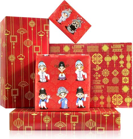 Chinese New Year Wrapping Paper for Women Men, 6pcs Red and Gold Lanterns Fan Peking Opera Characters Print Lunar New Year Gift Wrap Papers Folded Flat Sheets for China Newyear Lantern Spring Festival Christmas in Saudi Arabia