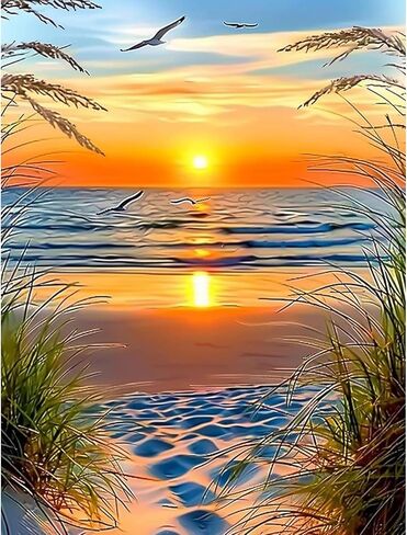 Skyboda Sunset on The Beach مجموعات الطلاء الماسي 5D للبالغين، مجموعة فنية ماسية من القصب على شاطئ البحر للمبتدئين، نقاط ماسية مستديرة كاملة مع أحجار كريمة فنية لتزيين جدران المنزل مقاس 12 × 16 بوصة in Kuwait