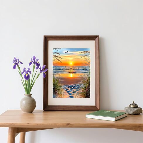 Skyboda Sunset on The Beach مجموعات الطلاء الماسي 5D للبالغين، مجموعة فنية ماسية من القصب على شاطئ البحر للمبتدئين، نقاط ماسية مستديرة كاملة مع أحجار كريمة فنية لتزيين جدران المنزل مقاس 12 × 16 بوصة in Kuwait