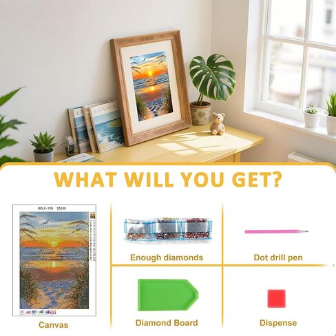 Skyboda Sunset on The Beach مجموعات الطلاء الماسي 5D للبالغين، مجموعة فنية ماسية من القصب على شاطئ البحر للمبتدئين، نقاط ماسية مستديرة كاملة مع أحجار كريمة فنية لتزيين جدران المنزل مقاس 12 × 16 بوصة in Kuwait