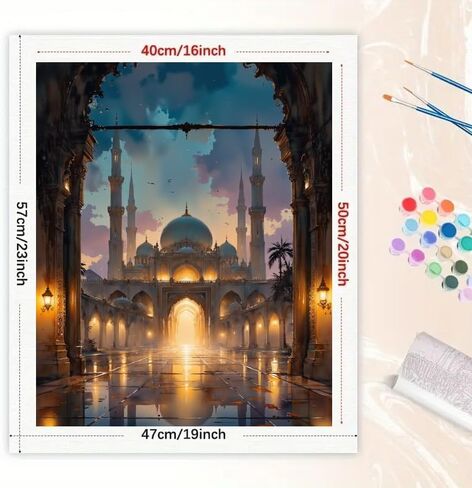 مجموعة طلاء العمارة الإسلامية بالأرقام للبالغين - لوحة مسجد كبير عند الشفق على القماش مقاس 16 × 20 بوصة، مجموعة طلاء أكريليك، مناسبة للمبتدئين، لتزيين المنزل أو الهدايا in Kuwait