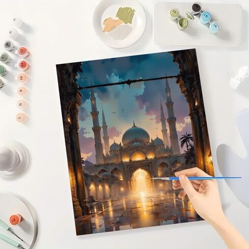 مجموعة طلاء العمارة الإسلامية بالأرقام للبالغين - لوحة مسجد كبير عند الشفق على القماش مقاس 16 × 20 بوصة، مجموعة طلاء أكريليك، مناسبة للمبتدئين، لتزيين المنزل أو الهدايا in Kuwait