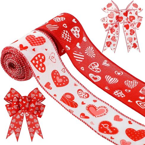2 Rolls 10 Yards Valentine's Day Wired Edge Ribbon 2.5 Inch Red White Love Heart Fabric Ribbon Sweet Decorative Craft Ribbon for Gift Wrapping DIY Wreath Bows Wedding Anniversary Decoration in Saudi Arabia