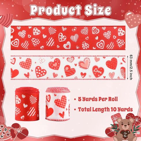 2 Rolls 10 Yards Valentine's Day Wired Edge Ribbon 2.5 Inch Red White Love Heart Fabric Ribbon Sweet Decorative Craft Ribbon for Gift Wrapping DIY Wreath Bows Wedding Anniversary Decoration in Saudi Arabia