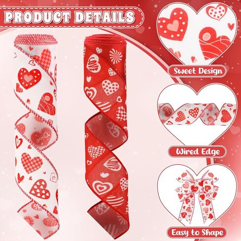 2 Rolls 10 Yards Valentine's Day Wired Edge Ribbon 2.5 Inch Red White Love Heart Fabric Ribbon Sweet Decorative Craft Ribbon for Gift Wrapping DIY Wreath Bows Wedding Anniversary Decoration in Saudi Arabia