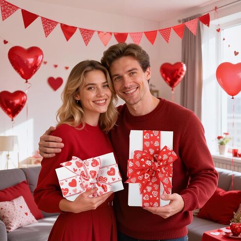 2 Rolls 10 Yards Valentine's Day Wired Edge Ribbon 2.5 Inch Red White Love Heart Fabric Ribbon Sweet Decorative Craft Ribbon for Gift Wrapping DIY Wreath Bows Wedding Anniversary Decoration in Saudi Arabia