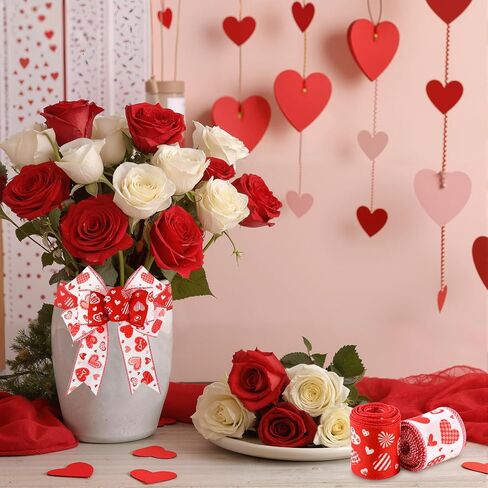 2 Rolls 10 Yards Valentine's Day Wired Edge Ribbon 2.5 Inch Red White Love Heart Fabric Ribbon Sweet Decorative Craft Ribbon for Gift Wrapping DIY Wreath Bows Wedding Anniversary Decoration in Saudi Arabia